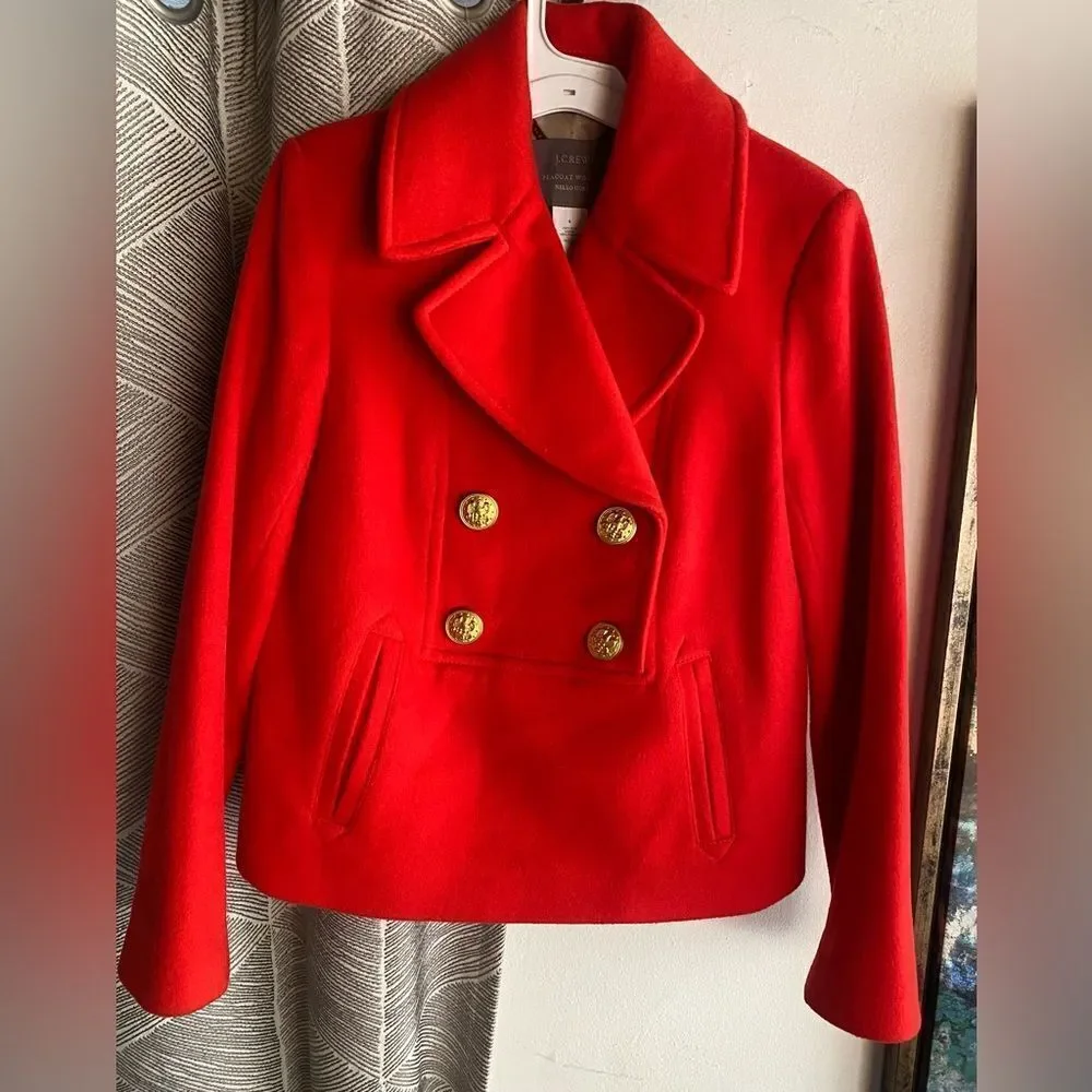 J. Crew Pea Coat Womens Red 100% Wool Nello Gori Gold Button Classic Sz 4
